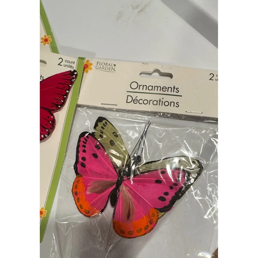 Floral Garden Butterfly Ornaments Pink Red Feather Picks Set of 9 NEW